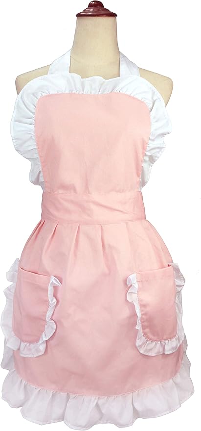 Women's Ruffles Outline Retro Pockets Apron Kitchen Cooking Cleaning Maid Costume (Light Pink)