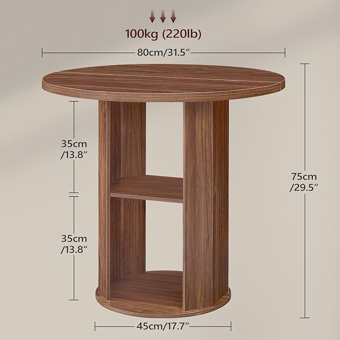 MAHANCRIS 31.5" Round Dining Table with Storage Shelf for 2-3, Circle Kitchen Dinner Table with Thick Tabletop, for Small Spaces, Circle Nook Table for Kitchen & Dining Room, Walnut DTWA8501