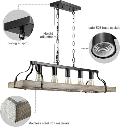 Rustic Farmhouse Chandelier for Dining Room 5-Lights-A Black+Wood