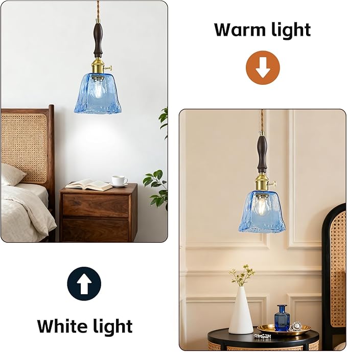 Blue Glass Vintage Pendant Light Height Adjustable Handmade Glass Pendant Lights Kitchen Island Gold Hanging Light Fixture with Wood Handle for Bedroom Dining Room Hotel (1 Pack)