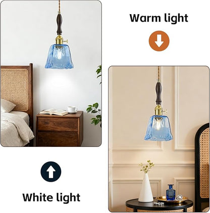 Blue Glass Vintage Pendant Light Height Adjustable Handmade Glass Pendant Lights Kitchen Island Gold Hanging Light Fixture with Wood Handle for Bedroom Dining Room Hotel (3 Pack)