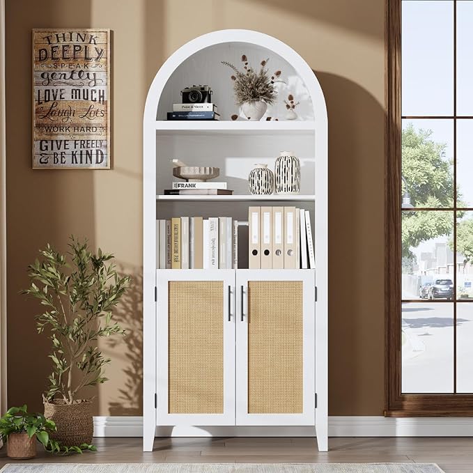 Garvee Arched Kitchen Pantry Storage Cabinet - 5-Tier Open Display Shelf with Rattan Decor, Farmhouse Storage Cabinet for Kitchen, Dining Room, Living Room, White