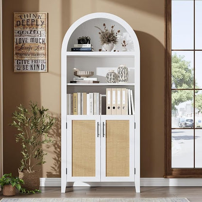 Garvee Arched Kitchen Pantry Storage Cabinet - 5-Tier Open Display Shelf with Rattan Decor, Farmhouse Storage Cabinet for Kitchen, Dining Room, Living Room, White