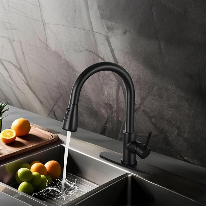 FGKQ Matte Black Kitchen Faucet with Pull Down Sprayer, Kitchen Sink Faucet with Sprayer and Deck, Commercial Faucet for Kitchen Sink, Single Handle, Suitable for RV/Bar Sink