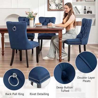 Eifizek Velvet Dining Chairs Set of 2, Tufted Dining Room Chairs with Nailhead Ring Pull Trim, Upholstered Dining Chairs with Solid Wood Legs for Kitchen Dining Room (Blue)