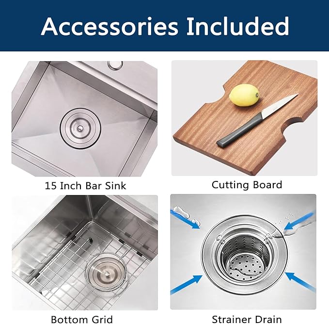 Friho Drop In Bar Sink, 15 x 15 Inch Wet Bar Sink 16 Gauge Stainless Steel 9 Inch Deep Single Bowl Outdoor Rv Sink with Dish Grid and Cutting Board