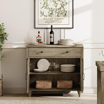 WAMPAT Buffet Cabinet with Doors & Drawer, Large Coffee Bar Table Wood Kitchen Storage Cabinets with Storage Cabinets, Modern Farmhouse Sideboard Credenza for Dining Room, Wash Grey, 34 inch