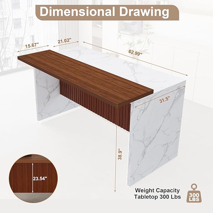 Runboll 63" Large Island Table for Kitchen with Multi-Color LED Lights, Modern Faux Marble Dining Table for 4-6 People, Kitchen Island with Grille Design for Dining Room, Home, Office, Living Room
