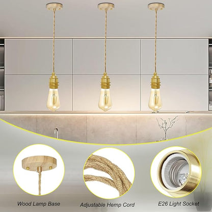 Wood Pendant Light Kit, Mini Pendant Lamp Fixture, Hemp Rope Hanging Lamps Cord Adjustable, E26 Lamp Socket Vintage Ceiling Light Hanging Lighting for Farmhouse Bedroom Chandelier, Bulb Not Included