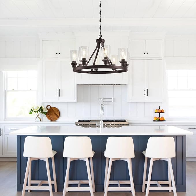 Lanhall 8-Light Farmhose Chandelier for Dining Room Light Fixture Oil Rubbed Bronze Kitchen Pendant Light Round Rustic Ceiling Hanging Lighting with Glass Globes Adjustable Height Metal E26