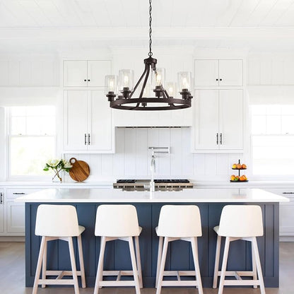 Lanhall 8-Light Farmhose Chandelier for Dining Room Light Fixture Oil Rubbed Bronze Kitchen Pendant Light Round Rustic Ceiling Hanging Lighting with Glass Globes Adjustable Height Metal E26