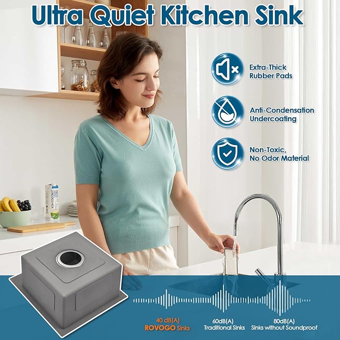 ROVOGO 15 inch Drop in Bar Sink 304 Stainless Steel, 15"x17" Single Bowl Small Kitchen Sink with 1-Hole & Drain Assembly, 8" Deep Wet-Bar/Prep Sink, Brushed