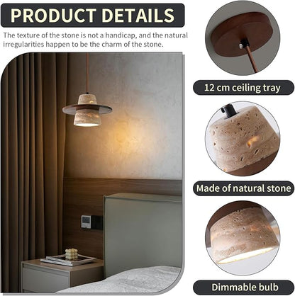 Japanese Wabi sabi Pendant Light with Natural Stone Shade, Dimmable Modern Wood Hanging Lamp Fixture, Adjustable Height Pendant Lamp for Bedroom, Kitchen Island, Dining Room, Restaurant, Cafe, Bar (J)
