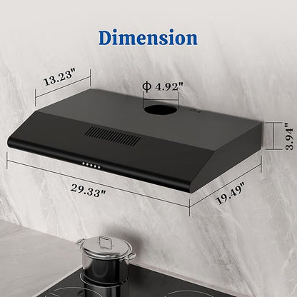 FIREGAS Under Cabinet Range Hood 30 Inch Black, Ducted/Ductless Convertible Kitchen Vent Hood with 250 CFM, 3-Speed Fan & LED Lights for Stove Ventilation