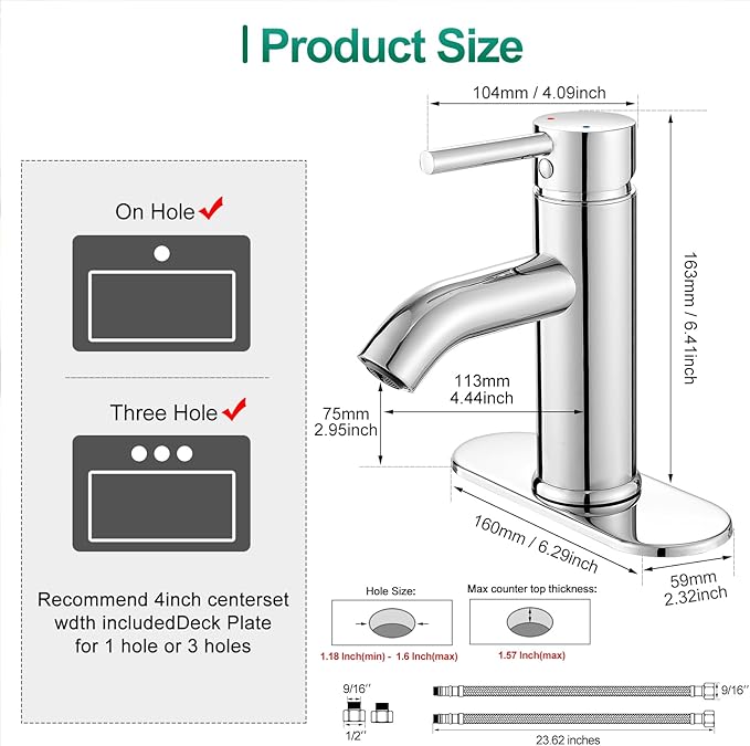 VOTON Modern Bathroom Faucet Chrome Single Handle One Hole Sink Faucet Commercial Lavatory Vanity Sink Faucet with 3/8" Hoses and Deck Plate