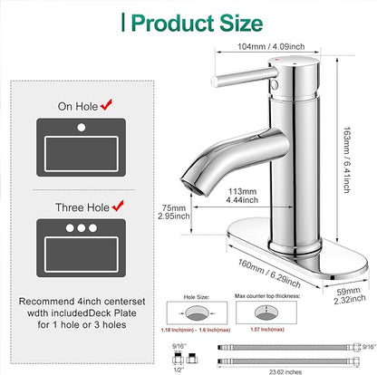 VOTON Modern Bathroom Faucet Chrome Single Handle One Hole Sink Faucet Commercial Lavatory Vanity Sink Faucet with 3/8" Hoses and Deck Plate