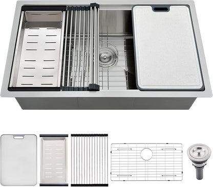 WHaor 30 Inch Undermount Kitchen Sink, 30x19 Stainless Steel Single Bowl Workstation 16 Gauge Handmade 10" Deep Modern Under Counter Sink with Accessories