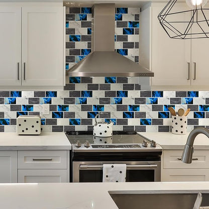 STICKGOO Peel and Stick Backsplash Subway Tiles, 10 Sheets of 12" x 12" - 3D Adhesive Peel and Stick Tile Backsplash for Kitchen, Bathroom, Wall Tile (Thicker Design, Blue Grey)