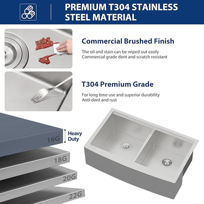 Lordear 33 Farmhouse Sink Double Bowl 33 Inch Farm Kitchen Sink Workstation Apron Front Stainless Steel 16 Gauge Low Divide 50/50 Double Kitchen Farm Sinks 33X22X10 Inch (Apron Height is 9 inch)