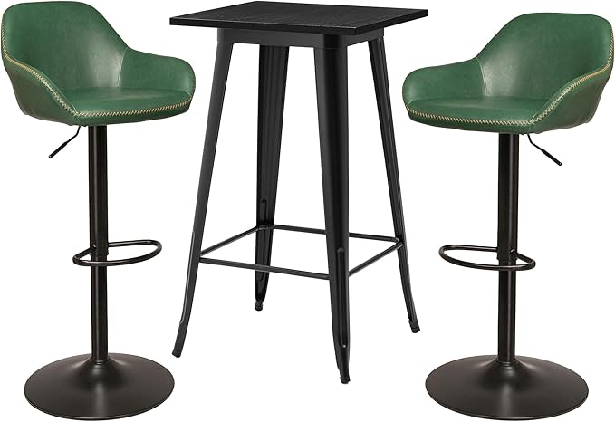 Glitzhome Bar Table and Chairs Set, Square Black Steel Pub Table with Soild Elm Wood Top and Bar Height Adjustable Swivel PU Leather Bar Stool for Breakfast Nook Living Room Small Space Restaurant