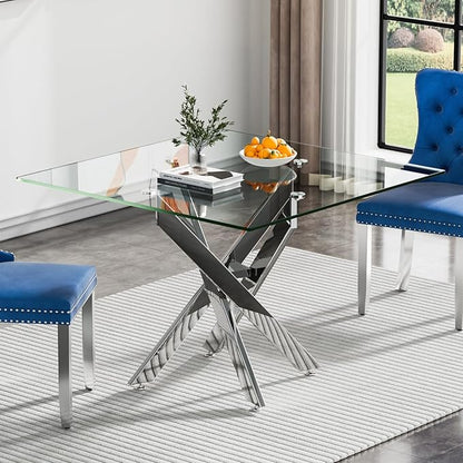 SSLine 35.4" Square Glass Dining Table for 2-4 Modern Clear Glass Tabletop Kitchen Table for 4 Luxury Dinner Tables with Silver Metal Legs for Home Kitchen Dining Room(Table Only)