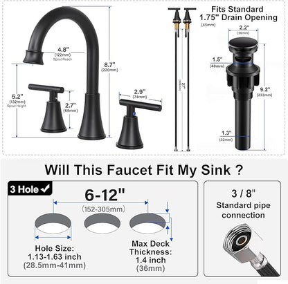 HOTIS Black Bathroom Faucet 3 Hole, 2 Handle 360° Swivel Matte Black 8 Inch Widespread Bathroom Sink Faucet, Lavatory Sink Faucet with Pop-up Drain and Supply Lines, HT-MC-032B