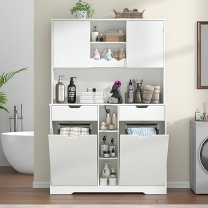 71"H Kitchen Pantry Storage Cabinet with Power Outlets and Two Drawers,10X2 Gallon Kitchen Hidden Double Tilt Out Trash Can Cabinet with Trash Bin Storage Holders,Laundry Hamper Cabinets(White)
