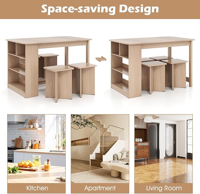 Dining Table Set for 4, Island Table for Kitchen with 3-Tier Shelves & 4 Stools, Wooden Kitchen & Dining Room Furniture, Dinette Set for Home, Restaurant, Bar, Bistro (Natural)