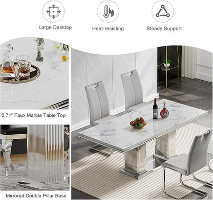 Henf Modern Dining Table for 6-8, 68 Inch White Marble Kitchen Table with Silver Stainless Steel Double Pillar Base, Luxurious Rectangular Faux Marble Dining Room Table for Dining Room,Living Room