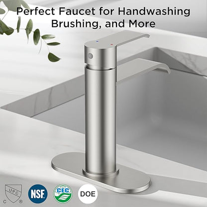 FORIOUS Brushed Nickel Bathroom Faucet Single Hole Waterfall with Single Lever Waterfall Bathroom Faucet 1 Hole for RV, Lavatory Sink Tap with Adapter Deck Plate, Pop Up Drain and 24" Hose
