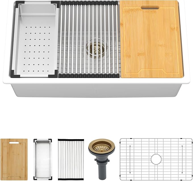 Kichae White Undermount Kitchen Sink 32 inch - 32 x 19 Granite Composite White Undermount Kitchen Sink Quartz Workstation Sinks