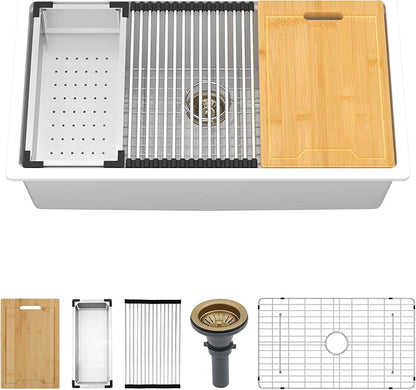 Kichae 30 Granite Composite Kitchen Sink White - 30" x 19" Granite Composite Kitchen Sink Undermount Workstation Under Counter Quartz Single Bowl Sink Basin