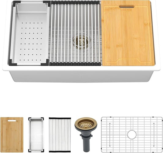 Kichae 30 Granite Composite Kitchen Sink White - 30" x 19" Granite Composite Kitchen Sink Undermount Workstation Under Counter Quartz Single Bowl Sink Basin