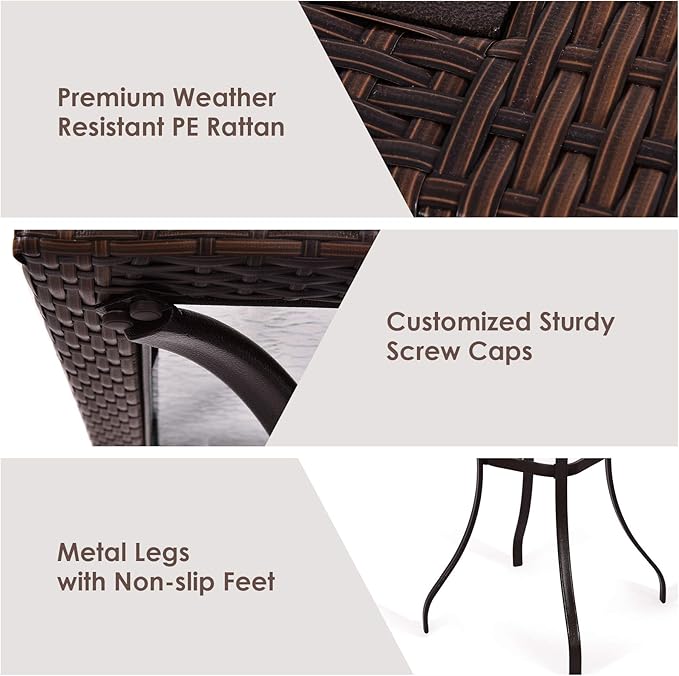 LDAILY Moccha 28.5" Patio Table, Outdoor Dining Bistro Table w/Umbrella Hole, Tempered Glass Top & Steel Frame, Backyard Balcony Furniture Garden Table