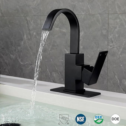 Matte Black Bathroom Faucet Waterfall Faucet Bathroom Vanity with 360 Degree Swivel Spout, Single Hole Bar Sink Faucet with Hose and 6 "Deck Plate,SL5004BK