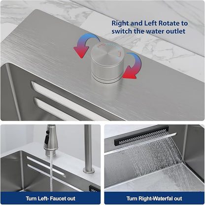 Sarlai 33 Inch Waterfall Kitchen Sink - 33x22 Inch Drop In Kitchen Sink Ledge Workstation Topmount Multifuctional Smart Stainless Steel 16 Guage Single Bowl Sinks Basin with Faucet