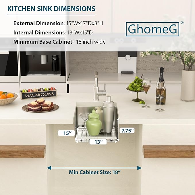 15 Undermount Kitchen Sink 15"x17"x8" Single Bowl 16 Gauge Stainless Steel Under Counter Single Bowl Kitchen Sinks Basin with Drain Strainer
