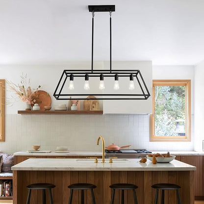 Black Kitchen Island Lighting, 5-Light Farmhouse Chandeliers, Modern Industrial Linear Rectangle Pendant Light Fixtures for Dining Room Kitchen Bar Foyer(Metal, E26 Base)