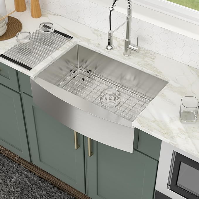 Logmey 30 In Farmhouse Sink - 30x20 Inch Stainless Steel Farmhouse Kitchen Sinks 16 Gauge Apron Front Sink Single Bowl Farm Sink 30x20x9 Inches Kitchen Sink