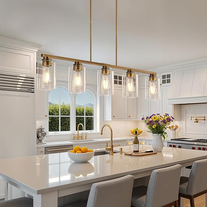 Mecgirn Island Light for Kitchen, Brushed Brass Dining Room Light Fixture Over Table, 5-Light Linear Chandelier Pendant Lighting for Dining Table Kitchen Island Living Room