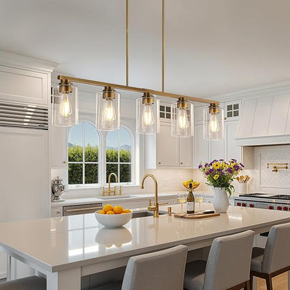 Mecgirn Island Light for Kitchen, Brushed Brass Dining Room Light Fixture Over Table, 5-Light Linear Chandelier Pendant Lighting for Dining Table Kitchen Island Living Room
