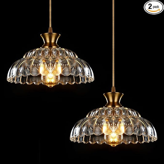 2Pack Glass Pendant Lights Kitchen Island, 11.8" Vintage Lighting Glass Light Fixtures Brushed Gold Modern Chandelier Hanging Ceiling for Dining Living Room Restaurant Bedroom Foyer