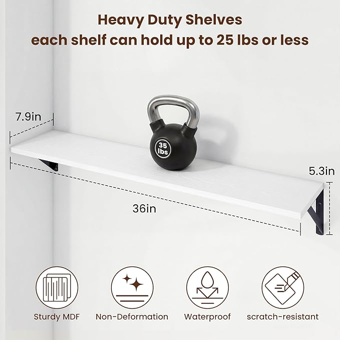Axeman 36 Inch Floating Shelves | 8 Inch Deep White Wall Shelves Set of 2 | 36''W x 8''D Rustic White Wood Shelves for Bathroom Living Room Bedroom Kitchen