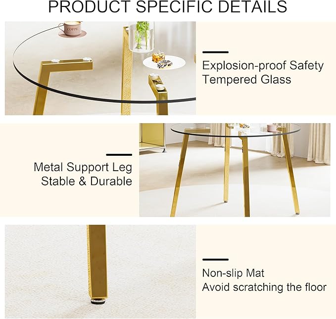 Round Glass Dining Table Set with 4 Transparent Plastic Chairs, 42 Inch Diameter Clear Tempered Glass Top with Gold Metal Legs, Contemporary Aesthetic for Dining Room and Kitchen