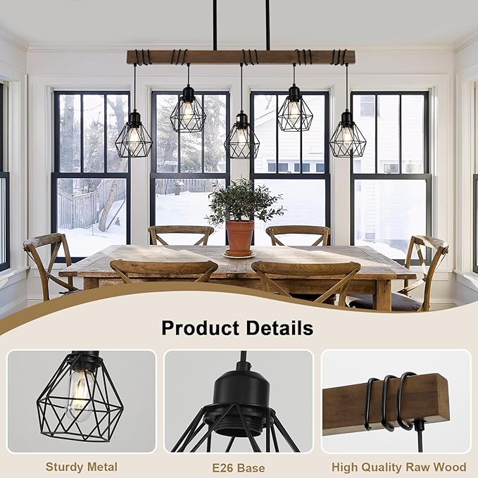 5-Light Kitchen Chandeliers Over Table, Farmhouse Black Dining Room Light Fixture, Linear Rustic Wood Ceiling Pendant Island Light Fixtures with Metal Lampshade, Height Adjustable