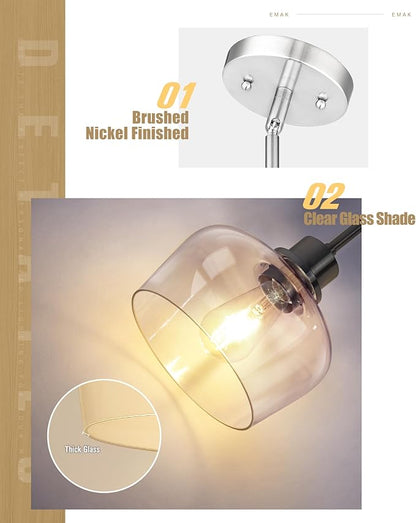 Emak Brushed Nickel Pendant Lights, Modern 8 Inch Clear Glass Pendant Light Fixtures for Kitchen, Bathroom, Bedroom, Dining Room, PL122-BN-CG
