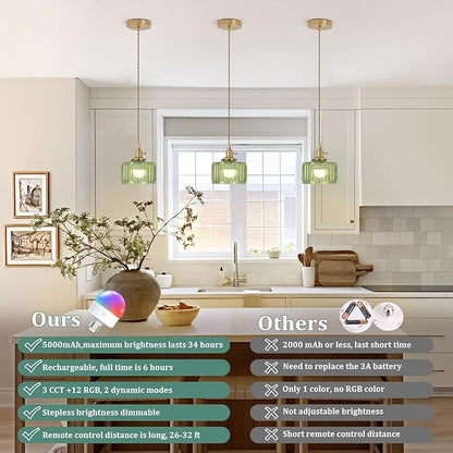 Shenmoyl Battery Operated Pendant Light 5000mAh Rechargeable Chandelier with Remote Control Wireless Adjustable Hanging Green Striped Light for Kitchen Island Dining Room Hallway