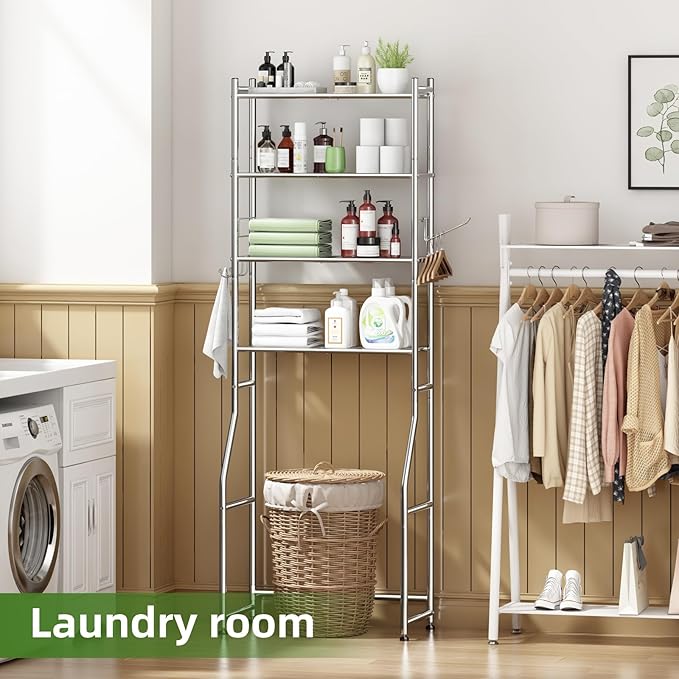 Ekisemio Over The Toilet Storage Cabinet, Metal 4 Tier Bathroom Shelves Over Toilet, Bathroom Oragnizer with 4 Hooks and Paper Holder, Chrome