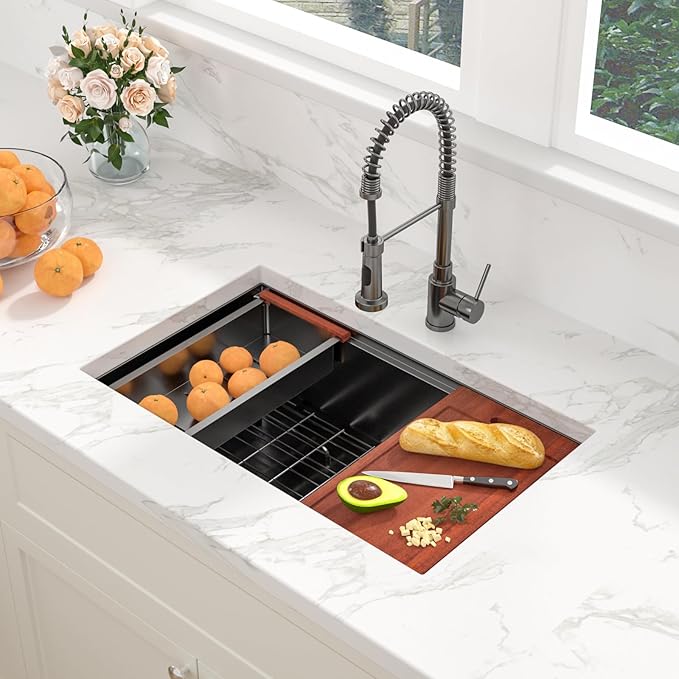 Sarlai 28 Black Stainless Kitchen Sink - 28 x18 Inch Undermount Kitchen Sink Workstation Gunmetal Black 16 Gauge Stainless Steel Single Bowl 10" Deep Under Counter Kitchen Sinks Basin