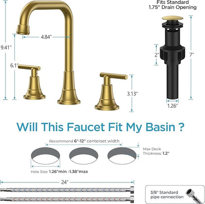 FORIOUS 3 Hole 8 Inch Widespread Bathroom Faucet in Brushed Gold - 2 Handle Bathroom Sink Faucets with Pop Up Drain Assembly and 2 Water Supply Lines for RV Bath Vanity Farmhouse, 360°Swivel Spout